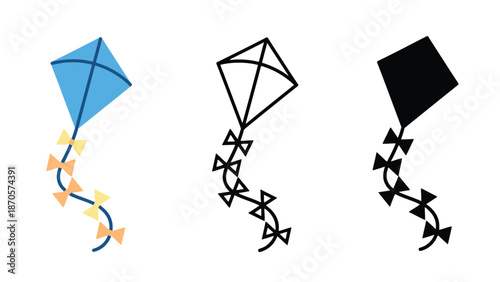 Three colorful kites flying high in a clear blue sky with tails