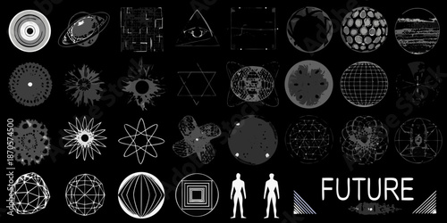 Abstract collection of celestial bodies geometric shapes and futuristic elements