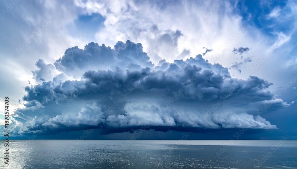 Fototapeta premium Large, dark cumulonimbus cloud dominates the sky above calm ocean waters