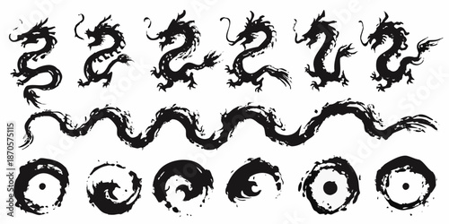 Black and white illustration of dragons snakes and circular shapes