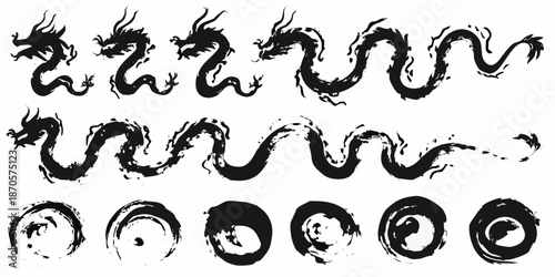 Black ink brush strokes forming dragon shapes and circular patterns