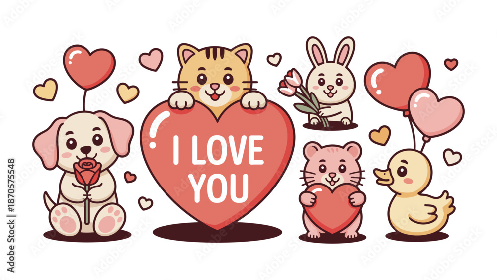 Obraz premium Sweethearts' Valentines: A collection of adorable animal friends celebrate love with hearts and tender sentiments, a delightful depiction of friendship and affection.
