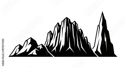 A dramatic black and white illustration of a mountain range against a plain background