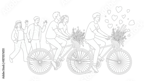 Love on Wheels: A tender moment captured as a couple rides a tandem bicycle, their happiness symbolized by floating hearts above, with friends following on foot, as they set off on a journey.