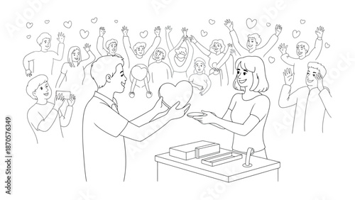 Heartfelt Exchange: A touching illustration captures the moment of sharing love with the crowd, with a couple in the foreground sharing a heart shape.