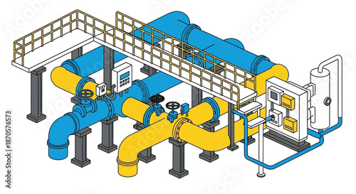 A complex industrial piping system with blue and yellow tubes and valves