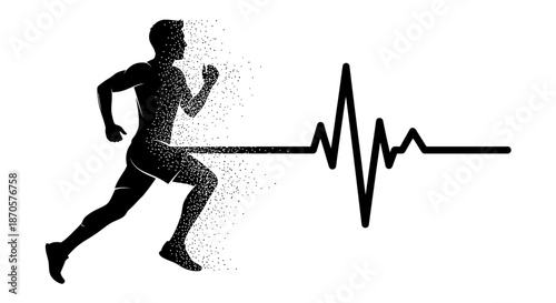 A man running with a stylized heartbeat line behind him in black and white