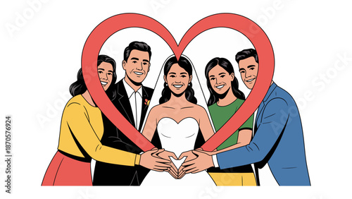 A Celebration of Love: A radiant bride stands at the heart of a loving circle, surrounded by supportive friends and family, with a heart shape embracing their joy.