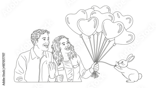 Love's Whimsical Offering: A joyful couple embraces the magic of love as they are gifted heart-shaped balloons from a cute bunny. A perfect visual for themes of love, joy and relationships.