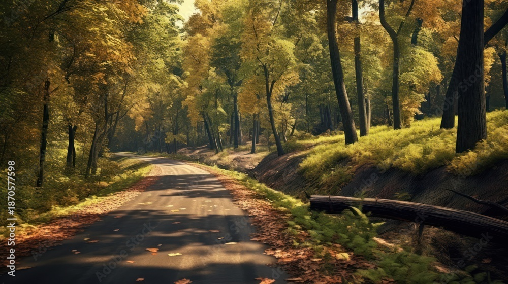 Obraz premium Autumnal Forest Path - A Serene Journey Through Golden Foliage and Sunlight.