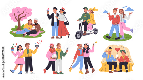 Moments of Togetherness: A delightful illustration showcases various couples in heartwarming scenarios, capturing the essence of love and companionship across different settings and activities.