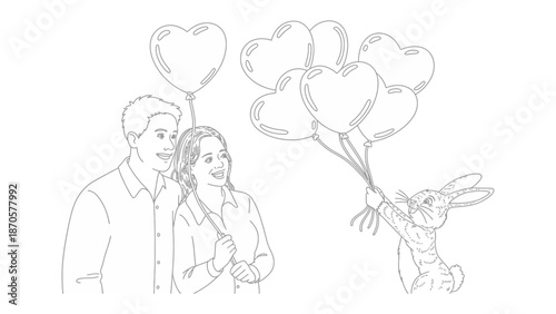 A Rabbit's Gift of Love: A heartwarming illustration of a rabbit gifting a couple heart-shaped balloons, symbolizing affection and romance.