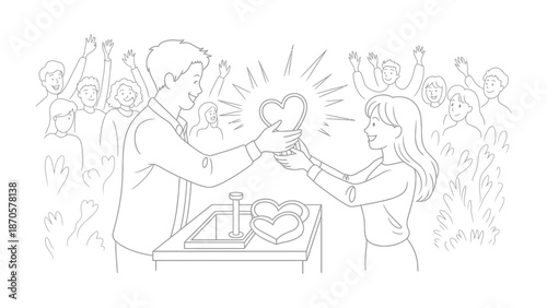 Sharing Love and Care: The image portrays a heartening scene of two people exchanging a glowing heart, surrounded by a crowd expressing support. It captures themes of love, compassion.