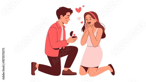 Eternal Bond: A tender moment unfolds as a man kneels before a woman, presenting a ring as a symbol of eternal commitment and love, surrounded by fluttering hearts