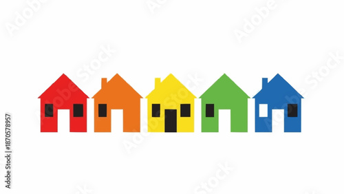 Row of colorful cartoon houses on white background.