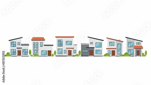 Row of modern residential houses with green grass and trees.