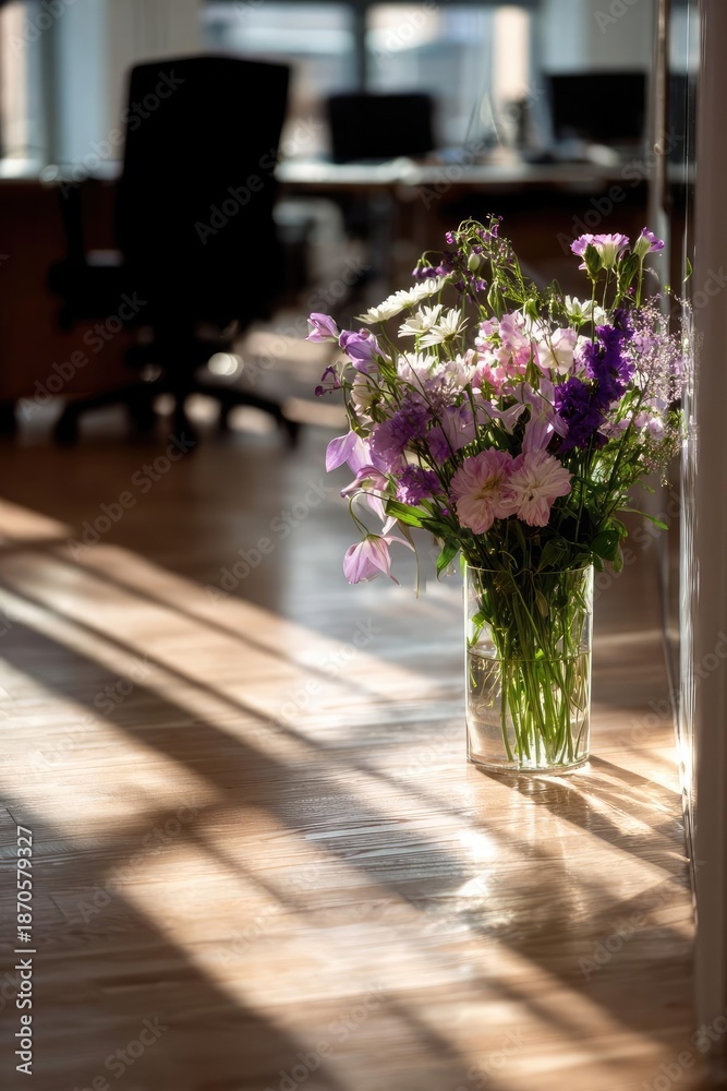 Naklejka premium A glass vase of pink, purple and white flowers sits on a sunlit wooden floor in an office, with blurred desks in the background. Concept Office flowers, Glass vase, Sunlit wood floor