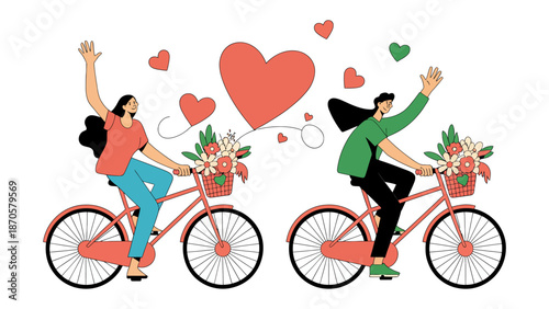 Bicycle Love Ride: Two figures, radiating happiness, embark on a romantic bicycle ride adorned with floral baskets, accompanied by a scattering of heart-shaped tokens.