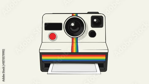 Retro instant camera with rainbow stripe and photo coming out.