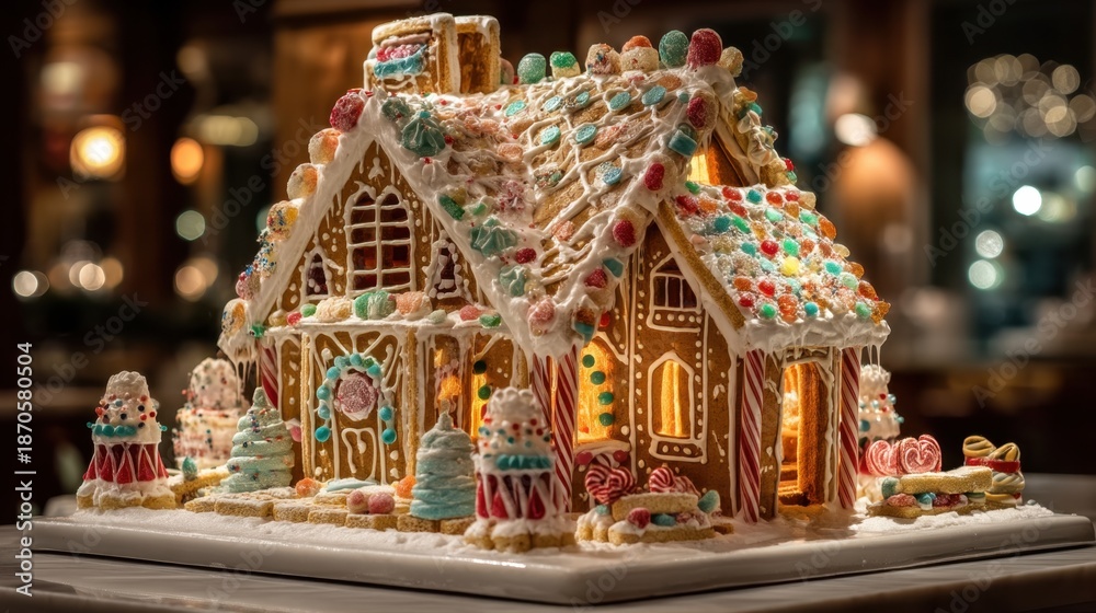 Fototapeta premium Illuminated gingerbread house with decorative candy and frosting details