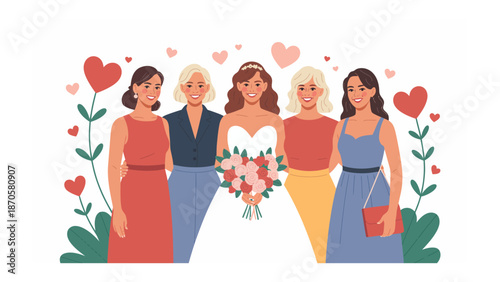 Harmony of a Bride and Her Bridesmaids: A radiant bride stands amidst her beloved bridesmaids, their bond of affection symbolized by the hearts in the air.