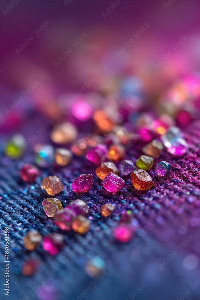 Obraz premium Colorful crystals scattered on a textured purple fabric. Concept Colorful crystals, Textured purple fabric, Sparkling gems on velvet, Purple hue palette, Shimmer and facets