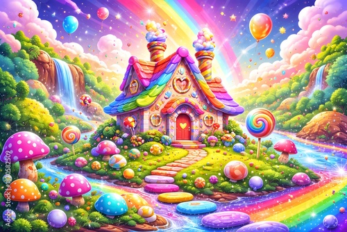 colorful fantasy land with house rainbow candys and balloons
Visuals with maximum sensory appeal
Absurd, playful, and very entertaining