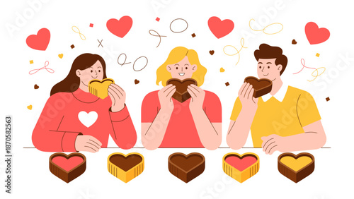 Sweet Embrace: A colorful illustration captures a moment of shared sweetness and affection. Three individuals, surrounded by heart-shaped elements, indulge in chocolate.