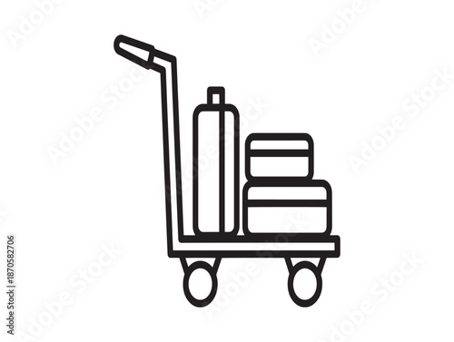 Simple black and white line drawing of a luggage cart with bags stacked on it