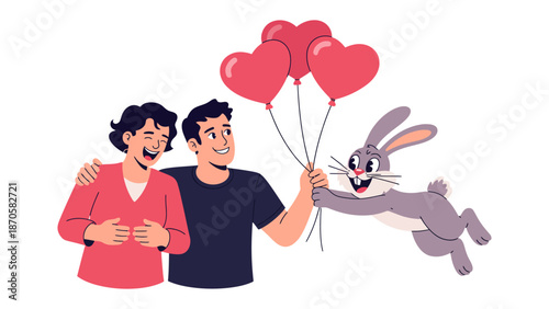 A Romantic Gesture: A cartoon illustration of a loving couple embracing, as an animated bunny presents them with heart-shaped balloons, symbolizing affection and joy.