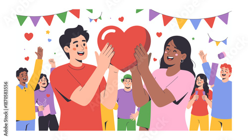 Shared Affection: A diverse group of people gathers in a festive atmosphere, celebrating togetherness and love, the focal point being a large heart symbolizing unity and care.