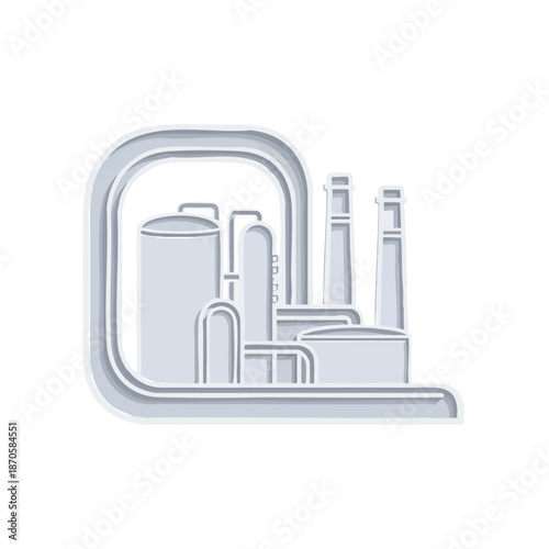 Stylized industrial factory icon with tanks and chimneys, representing manufacturing and production processes.