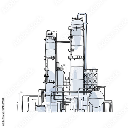 Industrial complex with distillation towers and interconnected pipelines, representing chemical processing and manufacturing.