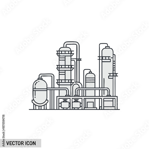 A clean vector line art icon of an industrial chemical plant, showcasing distillation towers and storage tanks, representing manufacturing and energy.