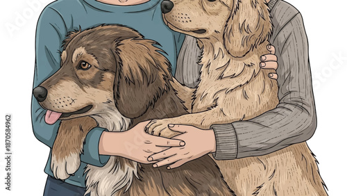 A person holding two dogs in their arms, showcasing affection and companionship in a heartwarming illustration.