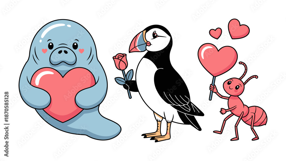 Obraz premium Valentine's Day Trio: Three charming characters, a manatee, a puffin, and an ant, share the spirit of love and affection, each expressing heartfelt sentiments with sweet gestures.