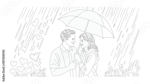 Love in the Rain: A couple embraces under an umbrella, surrounded by gentle raindrops and hearts, symbolizing love and togetherness. 