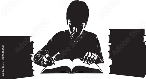 Silhouette of person studying at desk surrounded by books