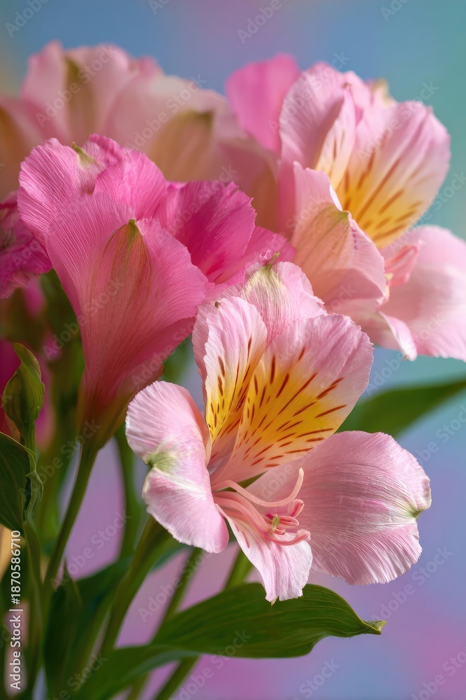 Fototapeta premium Pink alstroemeria flowers (Peruvian lilies) in a soft pastel bouquet. Concept Pink alstroemeria bouquet, soft pastel palette, Peruvian lilies, delicate romantic arrangement, dreamy floral portrait