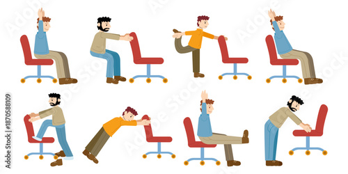 Bundle Collection of Man Doing Office Chair Stretching Exercises Illustration Set