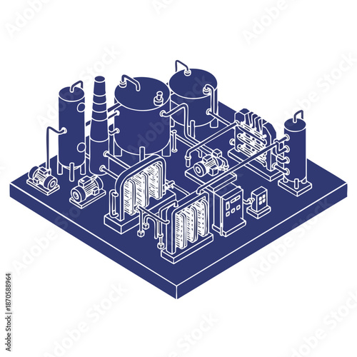Isometric blueprint illustration of a modern industrial complex, detailing interconnected tanks, pipes, and machinery, representing manufacturing and processing infrastructure.