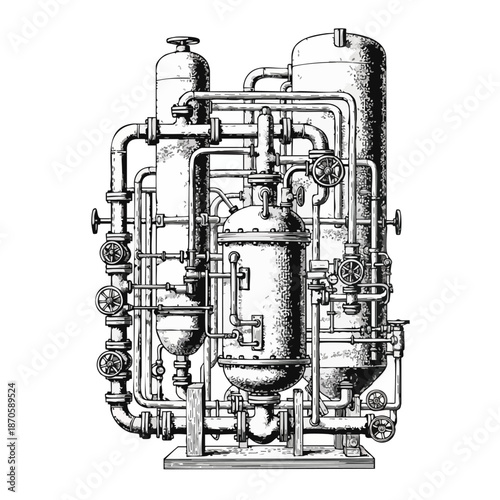 This intricate vintage engraving depicts a complex industrial distillation apparatus with numerous pipes, tanks, and valves, showcasing historical engineering.