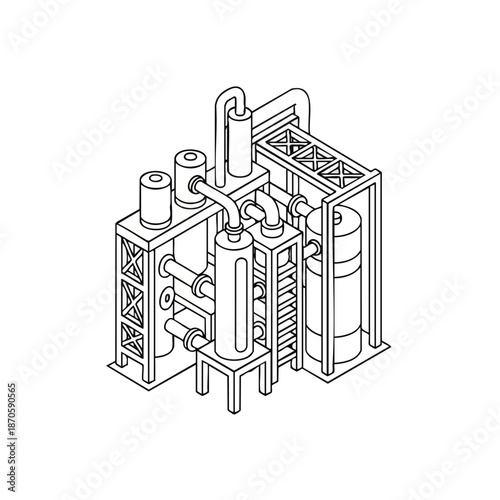 Detailed isometric line art illustration of a complex industrial chemical processing plant with pipes and tanks.