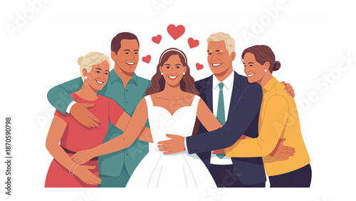 Harmony and Affection: A radiant bride stands embraced by her loved ones, a heartwarming tableau of love and unity, punctuated by hearts, symbolizing enduring affection and happiness.