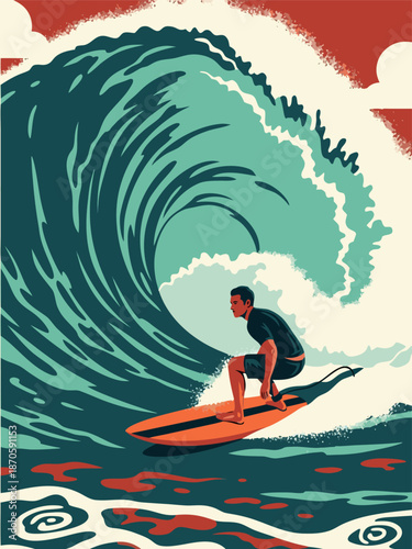 Dynamic Vector Illustration of a Surfer Riding a Massive Wave, Capturing the Thrill of Extreme Water Sports
