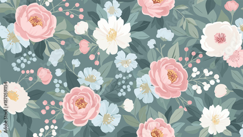 Beautiful pastel floral vector illustration with delicate blooming flowers and leaves, perfect for background and design