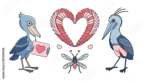 Love's Avian Embrace: Two whimsical stork-like birds celebrate a feathered heart, symbolizing affection and the spirit of romance. A touching and joyous scene.