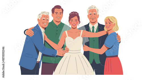 Wedding Day Embrace: A radiant bride stands amidst her loving family, arms open in a gesture of unity, surrounded by the warmth and support of her cherished loved ones on her special day.