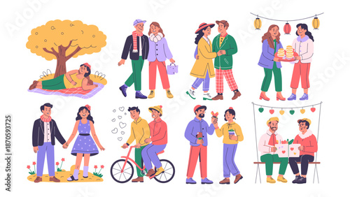 Romantic Moments Illustration: A collection of various illustration depicting different loving couples enjoying various romantic moments, conveying warmth and affection.