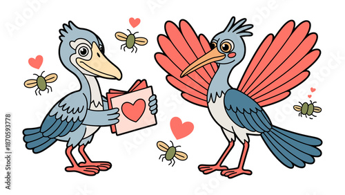 Animated Lovebirds and Gifts: Two charming bird characters express their affection in an endearing cartoon illustration, conveying the sweet gesture of a romantic gift exchange.